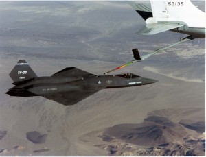 A Northrop YF-23 inches toward the boom of a KC-135 during the Advanced Tactical Fighter test program. Click image to enlarge.